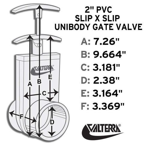Valterra 2-inch PVC unibody gate valve, silver; 2-inch slip with gate keeper, front view diagram; Valterra logo