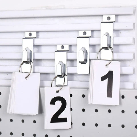 50 Pack Slatwall Hooks Notch Hangers for Wall Displays Metal Pegboard Slat Grid Accessories shown holding numbered cards