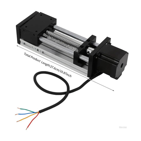 100 200 300mm GGP Ball Screw Linear Actuator With Nema 23 Stepper Motor and CNC Slide, shown with wires, side view