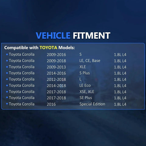 Vehicle fitment chart for Front CV Axle Shaft Assembly for Toyota Corolla 2009-2018, showing compatible models and specifications
