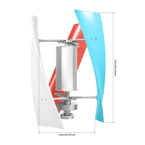 Front view of a 12V wind turbine generator kit with three fiberglass blades (blue, white, red) and generator housing.