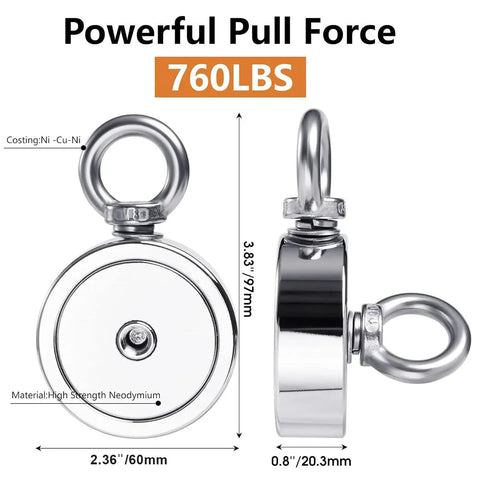 Heavy Duty Magnet Fishing Kit 760 Lbs With Grappling Hook 65ft Rope And Gloves showing magnet dimensions and material