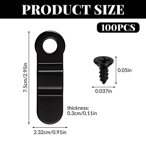 100 Piece Metal Picture Frame Turn Button Fasteners With Screws For Hanging Photos Posters Drawings And Crafts Backing Clips Black All In One Framing Hardware Kit showing clip and screw dimensions.