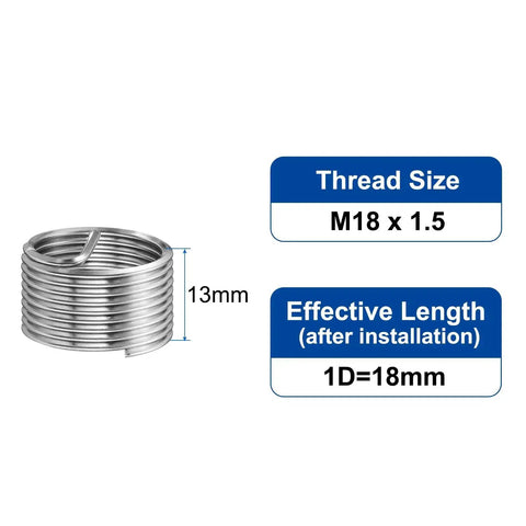10 Pack M18x1.5 Wire Thread Inserts 1D 18mm Effective Length 304 Stainless Steel Helical Coiled Type Thread Repair Kit