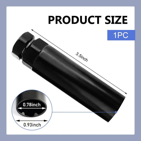 6 Spline Lug Nut Socket Anti Theft Wheel Lock Wrench for 21 and 22 mm Hex Sockets, black, with dimensions shown.