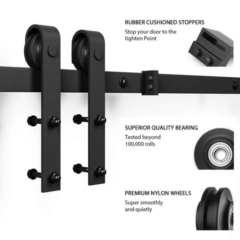 Close-up of J shape hanger with rubber stoppers and nylon wheels from Six Foot Double Barn Door Hardware Kit For Home Use Sliding Door Track That Glides Smooth And Quiet DIY Friendly Install Fits An 18 Inch Wide Door Panel J Shape Hanger Black Finish.