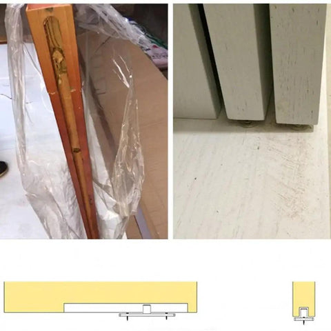 Sliding Barn Door Nylon Guide Wheel Set 4 Pieces With Floor Guide Roller Bracket for wood and particle board doors shown installed