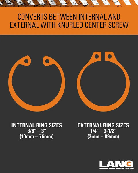 Diagram showing internal and external ring sizes with text 'converts between internal and external with knurled center screw'