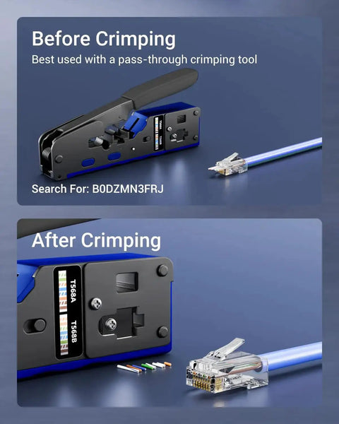 Pro Grade 25 Pack Cat6 RJ45 Pass Through Connectors, UL Listed, 10Gbps Unshielded Ethernet Plugs shown before and after crimping