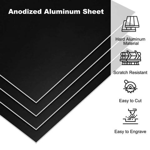 Anodized Aluminum Sheets 10 Pcs Black 7 By 5 By 1 Thirty Second Inch 0.8mm Blanks for Engraving with Features and Icons Displayed