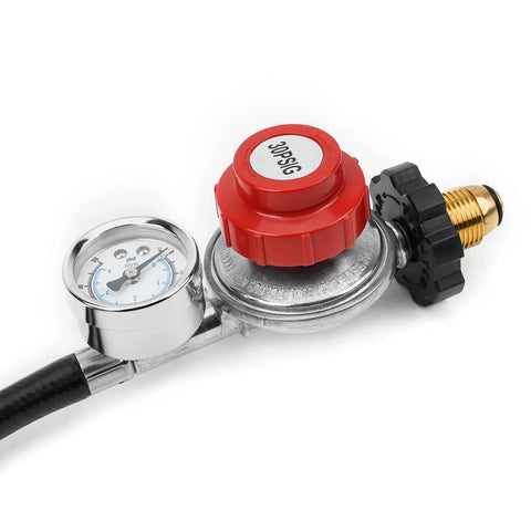 Close-up of 4 Foot High Pressure Propane Regulator With Gauge 0 To 60 Psi POL Connection Hose with durable brass fittings.