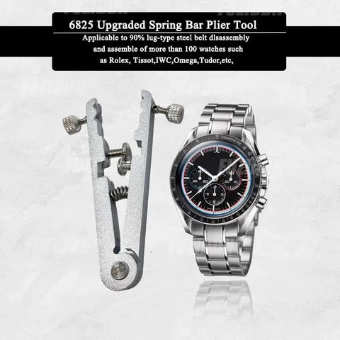 Pro Grade Watch Spring Bar Plier Tool Kit With Tweezers And 10 Replacement Pins For Link Removal And Band Repair - Precision Pro Grade Watch Band Tool Set For Hobbyists And Professionals, shown next to a stainless steel watch.