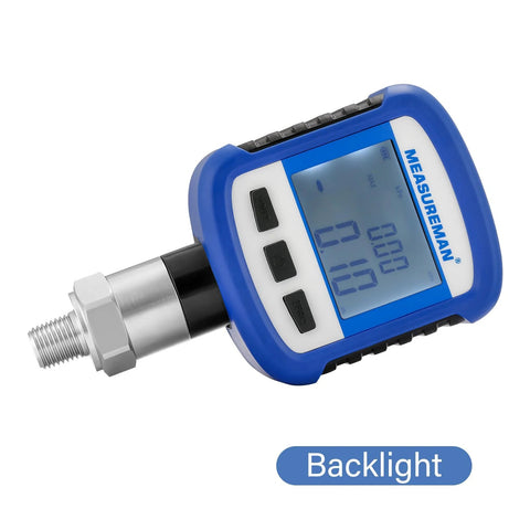 MeasureMan digital pressure gauge, blue handheld with backlit LCD, battery powered, 1/4'' NPT stainless steel connection