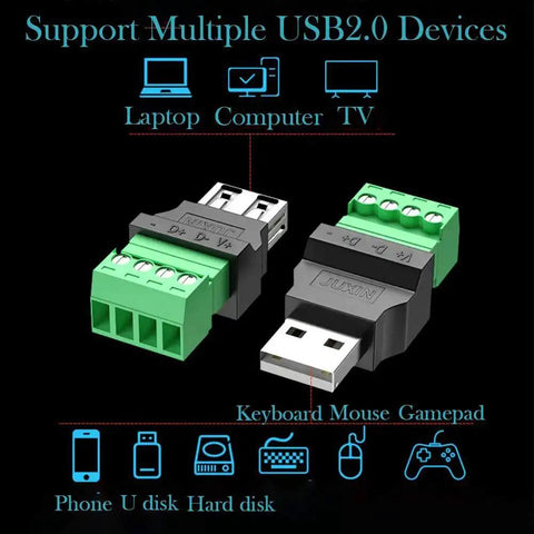 4 Pack USB 2.0 Type A Male Female To 4 Pin Screw Terminal Block Connector Adapters shown with USB to 4-pin interface