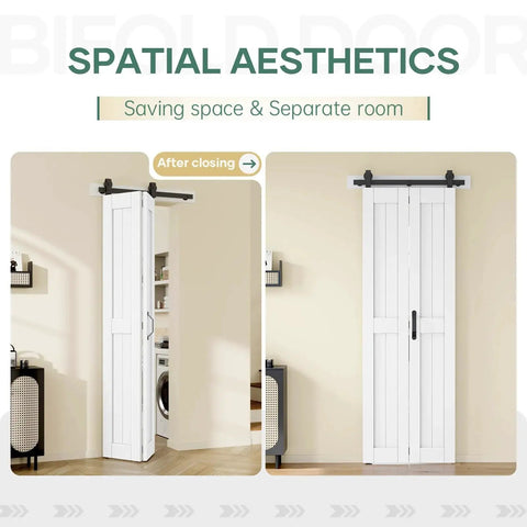 Bi Fold Barn Door 28 By 84 Inches For Closet White Waterproof Sliding Door With Hardware Kit Included Installed in Room