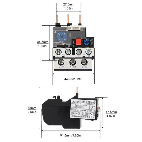 JR28-D3 Thermal Overload Relay For Electric Motors, front and side view with dimensions, 9-13A phase break protection, 690V