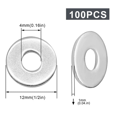 Flat washer, stainless steel M4, 12mm OD, 1mm thick, 100 pcs