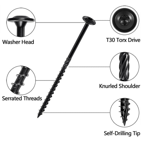 Diagram of Heavy Duty 14 By 5 Lag Screws For Exterior Wood Decks And Timber with washer head and T30 Torx drive details.