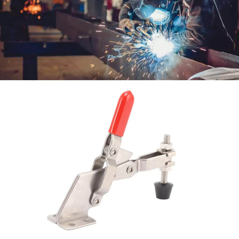 Toggle Clamp Heavy Duty 220Lbs Holding Capacity With Anti Slip Rubber Tip for woodworking jigs and fixtures observed in use.