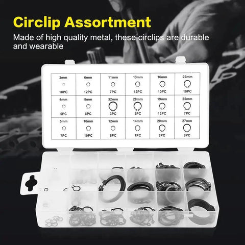 Retaining Ring Circlip Kit With 18 Sizes And 150 Pieces Boxed Set for secure snap installations, visible sizes chart