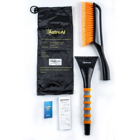 27 Inch Snow Brush With Detachable Ice Scraper And Ergonomic Foam Grip For Cars Trucks And SUVs Heavy Duty ABS PVC Bristle Brush Orange on a flat surface with storage bag.