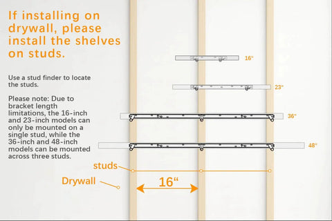 Installation guide for Wall Floating Shelves on drywall, shows measurement and stud placement with 16" spacing.