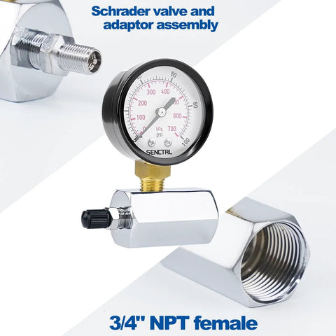 SENCTRL gas pressure test gauge front view with 2-inch dial, 0-100 psi, 3/4-inch FNPT brass valve, chrome-plated steel body