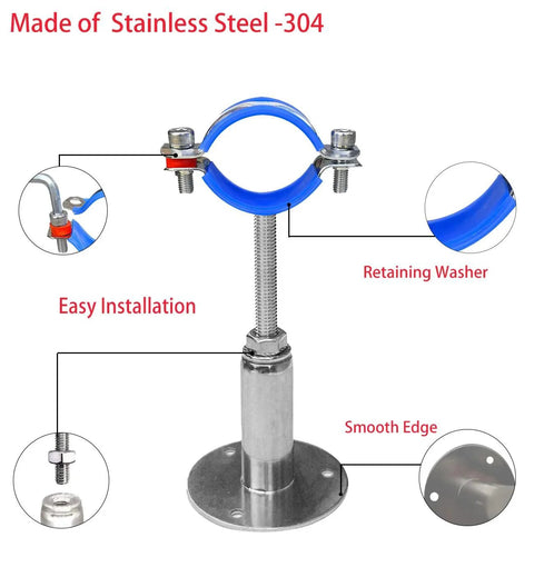 Stainless Steel 304 Wall And Ceiling Pipe Mounts Two Pack, Adjustable Pipe Clamps And Hangers For 48 To 51 Mm OD Pipes, shown with assembly features and smooth edge.