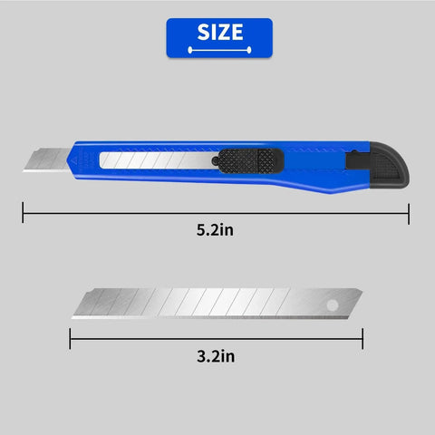 5.2in 8 Pack 9mm Wide Box Cutters Retractable Utility Knives for Office and Craft, blue handle shown with blade size