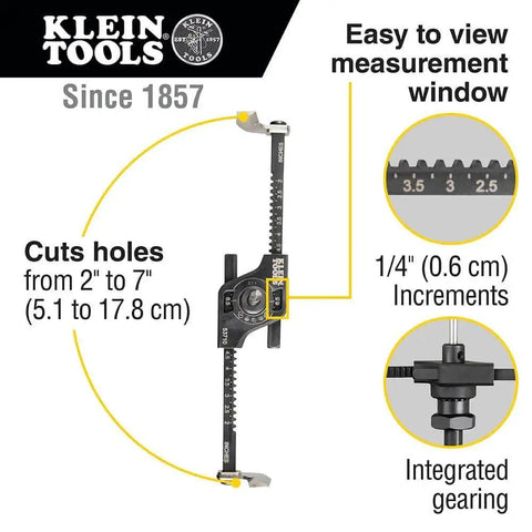 Diagram of Pro Grade Adjustable Hole Saw Cutter for Drywall with measurement details and integrated gearing features.