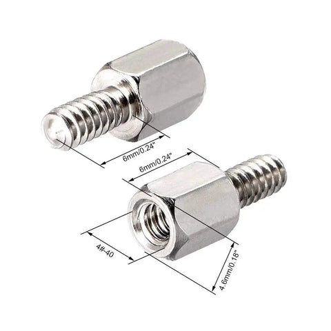 4-40 Brass Hex Standoff Spacers Screws F/M, 6mm Thread, 6mm Hex Length, Nickel Plated, PCB Pillars, 100 Pack, front view