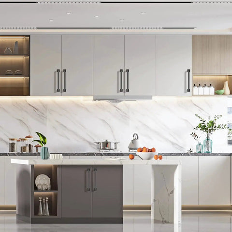 Modern kitchen with 10 Pack 5 Inch Matte Black Cabinet Handles For Kitchen Cabinets And Drawers, 128mm Length, installed on cabinets