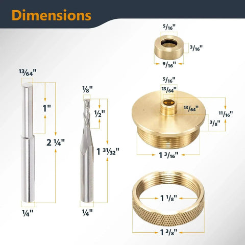 Dimensions of Brass Inlay Router Kit components including 1/8-inch carbide bit, 1/4-inch shank, and brass bushing for woodworking by POWERTEC.