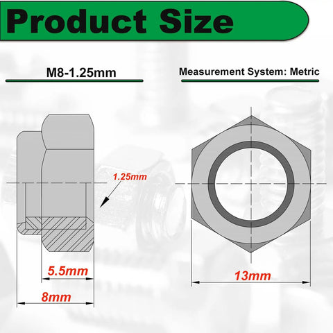 Diagram showing dimensions for Heavy Duty Pro Grade Nylon Inserted M8 Hex Lock Nuts Self Locking 1.25 Pitch 304 Stainless Steel