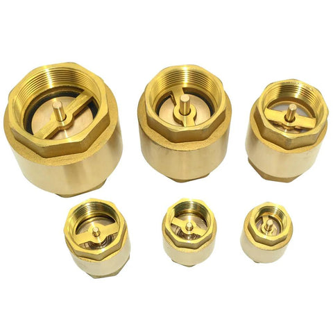 Set of six brass female-thread check valves, spring-loaded, various sizes for backflow prevention (Amazon)