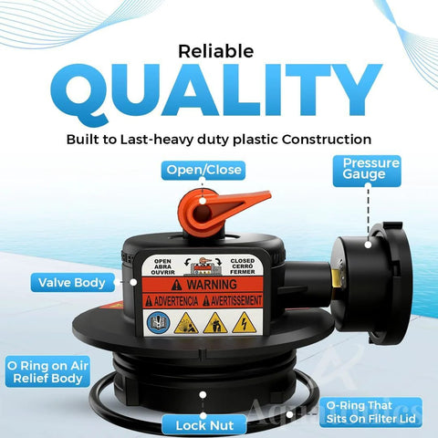 Manual air relief valve assembly with orange lever and black plastic body for pool filters, includes gauge and O-rings