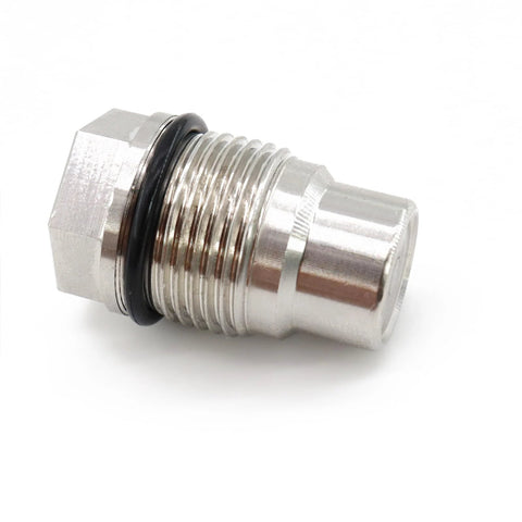 Diesel fuel rail plug valve, stainless steel with hex nut, M20x1.5 thread and O-ring seal