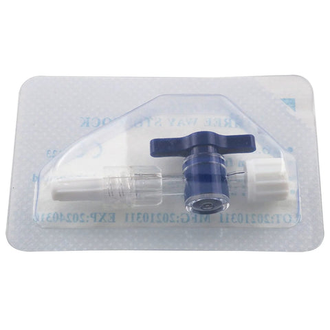 Blue MEETOOT 2-way stopcock with Luer connectors, disposable medical valve, 5-pack in blister packaging