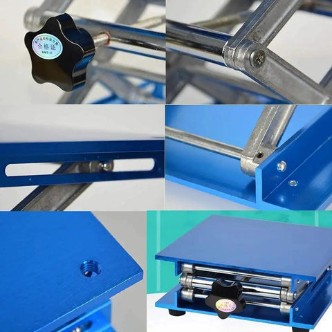 Collage of Adjustable Lab Jack Stand And Lift Table For 4x4 6x6 8x8 Platform showing close-ups of metal and blue components.