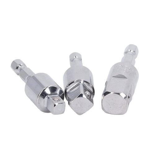 Three chrome-plated 360-degree rotating sleeve socket adapters with square drive, side view