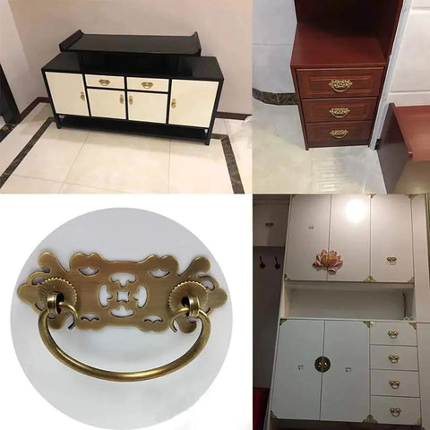 Antique Brass Vintage Style Pull Handles Set for Bookcases and Wardrobes, 2 Pieces With Screws shown on different cabinets