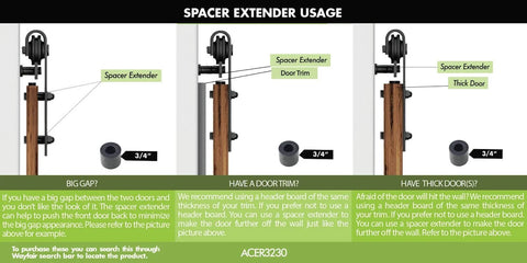 Black Rustic Sliding Barn Door Hardware Spacer Extender Kit 3/4 Inch Set Of 6 shown in various installation scenarios.