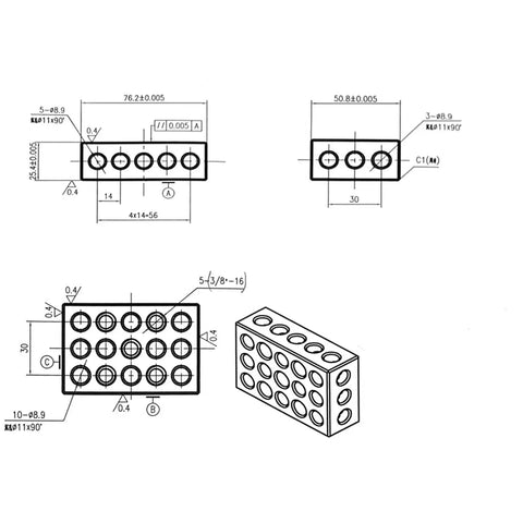 Technical drawing of a Pro Grade High Precision 1 X 2 X 3 Inch Parallel Block Set With 23 Holes For Milling Machines Built From Hardened Tool Steel HRC 55 62 Squareness Within 0.0002 Inch Includes 5 Tapped Holes 3/8-16 And 18 Untapped Holes For Precise Clamping And Alignment.