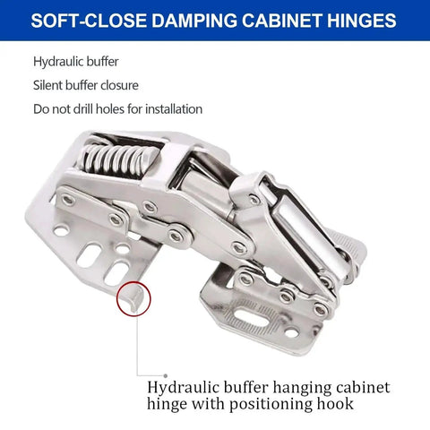 Side view of RV cabinet hinge with soft-close dampening for overhead cabinets; silver metal