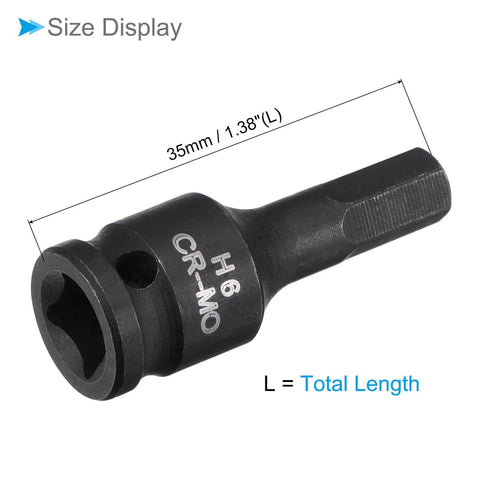 Impact Hex Bit Socket 6mm Metric 35mm Long Chrome Molybdenum Steel One Piece Construction One Quarter Inch Drive Impact Socket For Installation And Removal Of Fasteners In Auto Industrial And Construction Projects, side view showing size display.