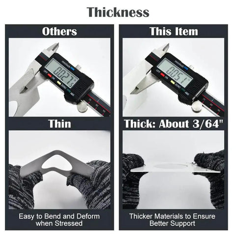 Comparison of thin and thick door reinforcement plates with calipers showing 3/64 inch thickness, emphasizing strength and support.