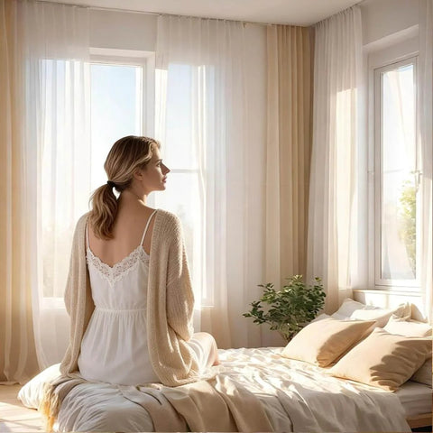 Woman sitting on a bed with sheer curtains in a sunlit bedroom, illustrating experience whisper quiet curtain movement with a heavy duty aluminum track.