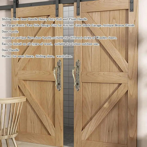 Heavy Duty Sliding Barn Door Pull Handle Bronze Set With Large Rustic Two Sided Design installed on wooden barn doors