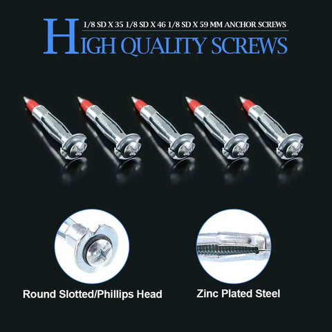 Heavy Duty 60 Piece One Eighth Inch Forty Six Millimeter Zinc Plated Steel Molly Bolt Drive Wall Anchors Set With Screws Rust Resistant