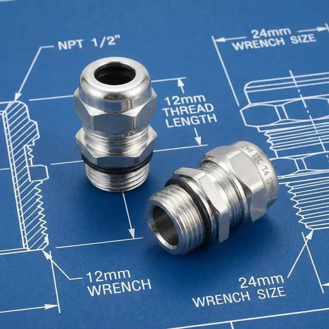 Two Pack 1/2 Inch NPT Stainless Steel Waterproof Cable Glands IP68 Rated Adjustable 6-12mm Cable Connectors on blueprint background